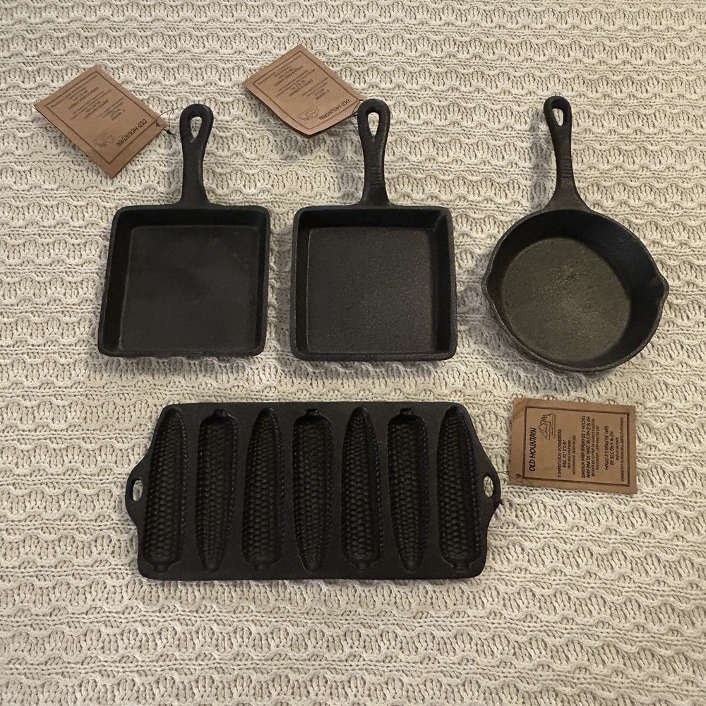 Old Mountain Mini Cast Iron Square Corn Round New With Tags Lot Of 4